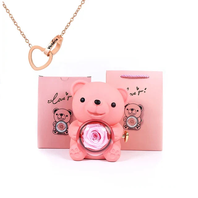 Cute Bear Gift Box With Heart Necklace And Chain