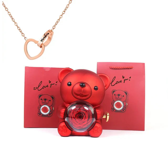 Cute Bear Gift Box With Heart Necklace And Chain