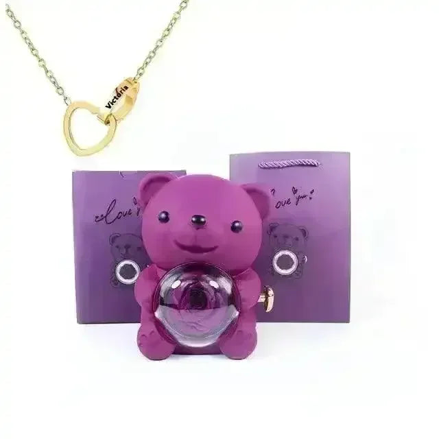 Eternal Rose Teddy Gift Box with Lovely Heart Pendant - Bear Hugs