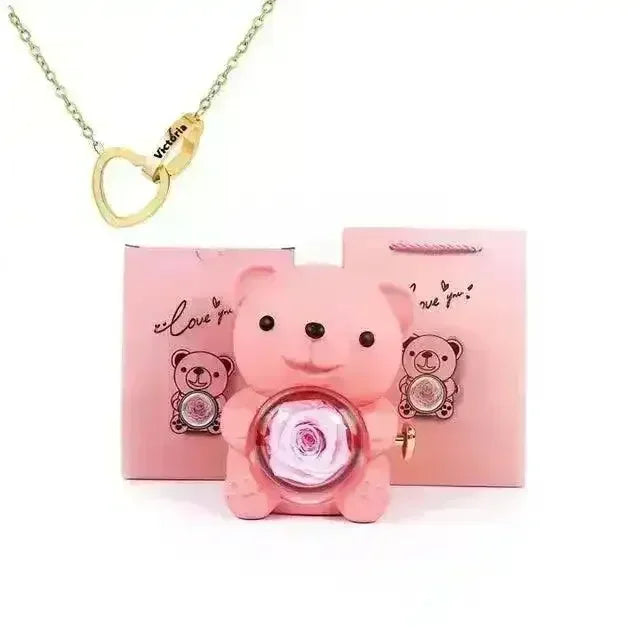 Eternal Rose Teddy Gift Box with Lovely Heart Pendant - Bear Hugs