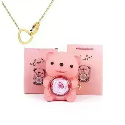 Eternal Rose Teddy Gift Box with Lovely Heart Pendant - Bear Hugs